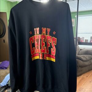 Black Crewneck Sweater with Red and Yellow Print
